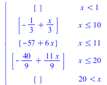 piecewise(`<`(x, 1), [], `<=`(x, 10), [`+`(`-`(`/`(1, 3)), `*`(`/`(1, 3), `*`(x)))], `<=`(x, 11), [`+`(`-`(57), `*`(6, `*`(x)))], `<=`(x, 20), [`+`(`-`(`/`(40, 9)), `*`(`/`(11, 9), `*`(x)))], `<`(20, ...